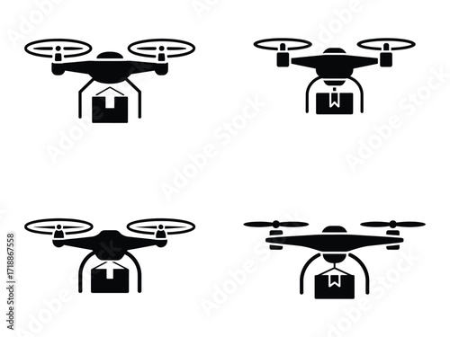 Different drone styles are carrying various packages in a silhouette format