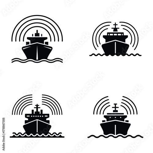 Four black and white maritime navigation icons depict communication vessels in monochrome