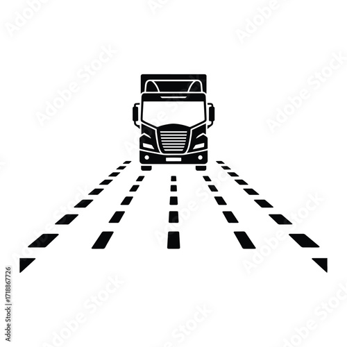 Front view of a solid black truck moving along dashed road lines on white