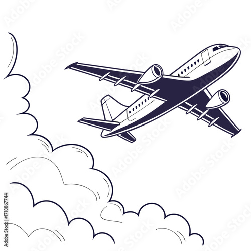 Vector illustration of a red airplane flying in the sky above clouds. Perfect for travel, tourism, aviation, flight booking, transport, and airline-themed design projects.