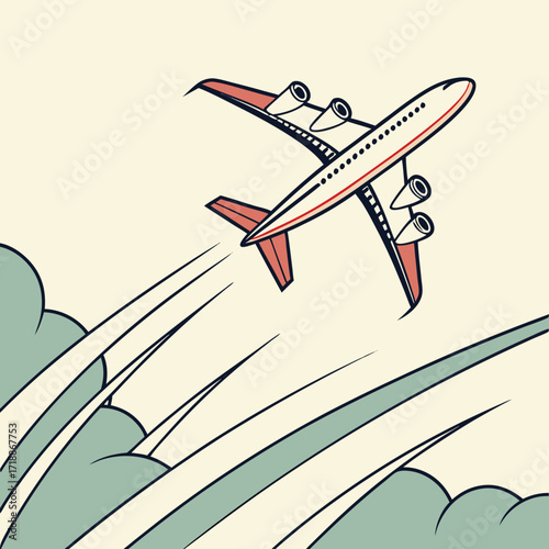 Vector illustration of an airplane flying among clouds. Perfect for travel, tourism, aviation, transport, flight booking, and airline design projects.