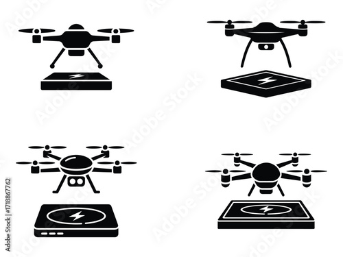 Multiple drone icon arrangements depict wireless charging through electricity transfers to charging pads on white