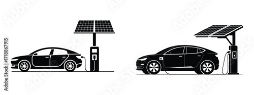 Two modern electric cars are getting charged at solar power stations in black and white