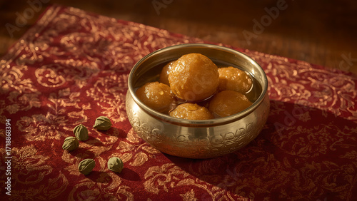 Traditional Indian Gulab Jamun Served in Brass Bowl on Decorative Fabric