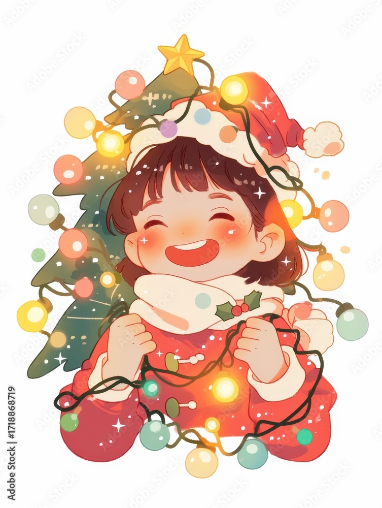 Naklejka premium Cheerful child with Christmas lights celebrating the holiday season by a decorated tree