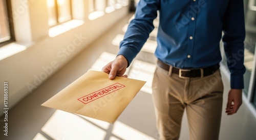 Professional man hands over confidential document in bright modern office hallway