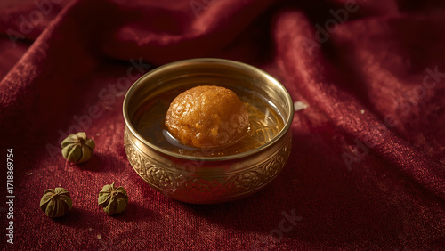 Traditional Indian sweet dessert in brass bowl on red fabric