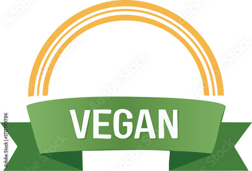 Green vegan banner with a golden arc, signifying plant-based, healthy, and ethical food choices.