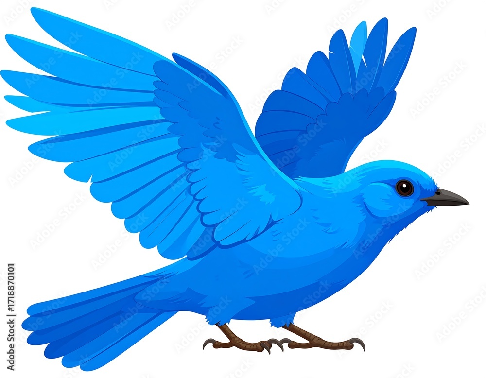 Obraz premium A vibrant blue bird in flight, wings outstretched, poised for takeoff against a stark white background.