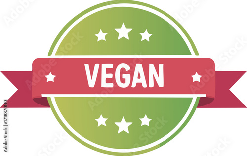 A stylized badge with the word "VEGAN" displayed on a red ribbon.