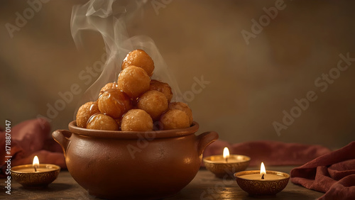 Steaming Indian sweet dessert in clay pot with festive candlelight