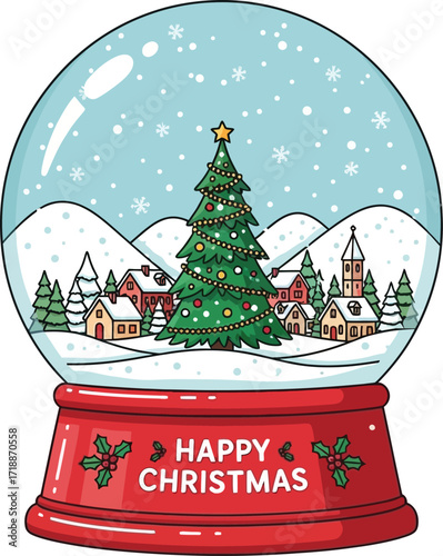 A festive cartoon snow globe containing a winter village scene with a decorated Christmas tree under falling snow.