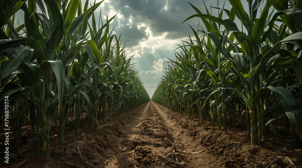 Obraz premium Dramatic Cornfield Sky – Low-Angle Rows of Green Corn with Storm Clouds