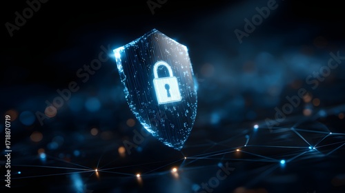 Digital knight shield protects data securely with glowing lock symbol cyber security concept futuristic technology