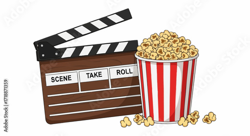 Classic movie night illustration with a full popcorn bucket and a vintage clapperboard, perfect for streaming services and cinema promotions