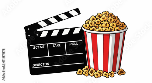 Classic movie night essentials popcorn and clapperboard, perfect for film festival promotions, cinema ads, streaming service campaigns, or media production branding
