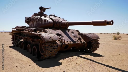 Desert Tank Abandoned War Machine Under a Clear Sky