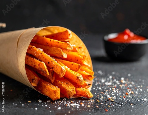 Wallpaper Mural Crispy sweet potato fries in a paper cone, with dipping sauce Torontodigital.ca