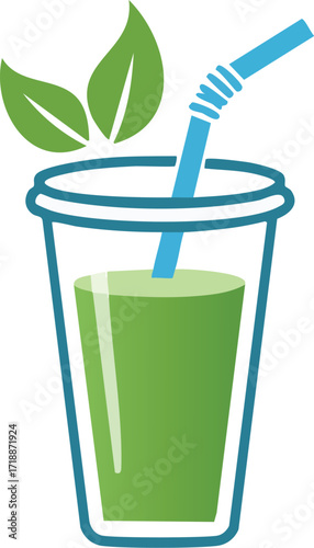 Refreshing green smoothie in a plastic cup with a straw and leaves.
