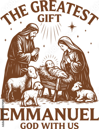  the greatest gift emmanuel god with us - christian christmas holliday t-shirt, funny retro santa typography, christian festival animals quote tshirt
