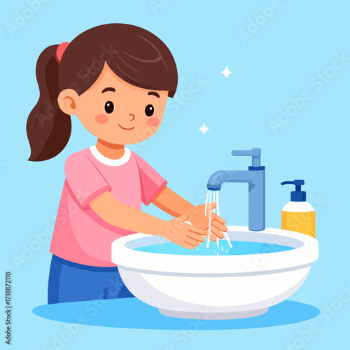 A cute flat vector illustration of a young girl washing her hands with soap and water in a bathroom sink to maintain good hygiene