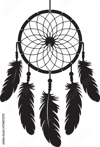 Detailed Dreamcatcher Silhouette Vector Illustration with Feathers and Intricate Web Pattern on Transparent Backdrop