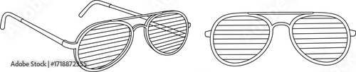 Novelty shutter shades sunglasses with horizontal stripes, a fun party accessory for music festivals, concerts, and rave events, isolated on white.