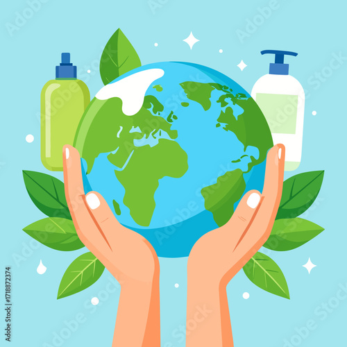 Conceptual illustration of environmental care, with hands gently holding planet Earth surrounded by green leaves and sustainable products