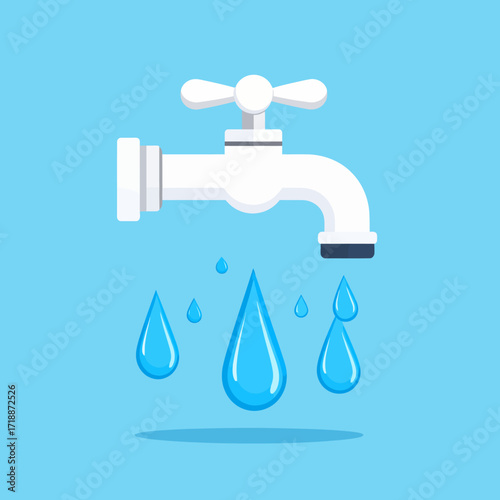 Isolated white water tap with dripping blue water droplets. Flat vector graphic illustrating the importance of saving water and fixing leaks