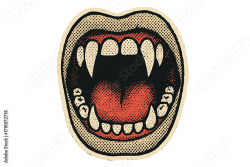 Vampire mouth with fangs vector illustration. Halloween monster open mouth sticker in retro 90s zine collage style. Pop art halftone print for horror or punk design.