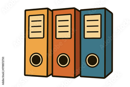 Set of colorful office binders for documents. Ring binders, file folders for organizing paperwork. Archive, data storage, and record keeping concept. Office supplies icon.