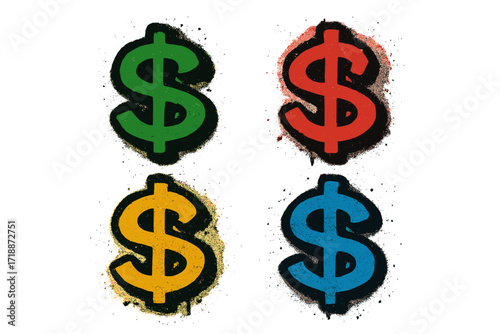 Money symbol set in urban graffiti style. Sprayed dollar sign collection. Textured hand drawn street art illustration. Finance, cash, wealth and economy concept. Vector.