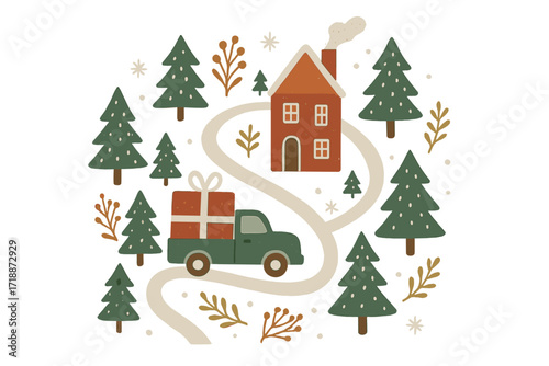 Christmas greeting card with winter landscape map. Scandinavian style decorative composition with house, truck delivering a gift box and pine trees. Festive holiday vector.