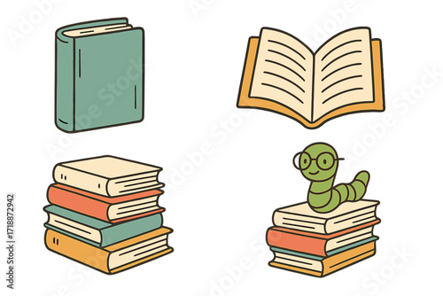 Book collection vector set with cute bookworm in glasses. Pile of books, open textbook. Hand drawn flat cartoon icons for education, reading, learning, library, literature.