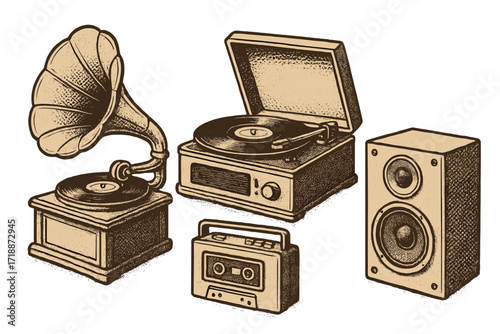 Set of vintage audio equipment. Gramophone, vinyl record player, cassette player and speaker. Retro music concept halftone dot design. Antique sound technology collection vector.