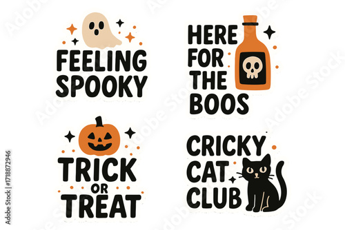Halloween lettering quotes sticker set. Spooky printable template with trendy sayings like Trick or Treat and Here for the Boos. Vector flat hand drawn ghost, pumpkin, black cat.