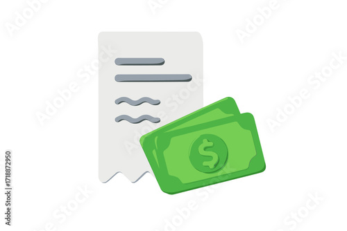 Paper bill with money. 3D transaction receipt, payment icon with green cash banknotes. Financial invoice, tax or expense concept. Vector cartoon render illustration for web.