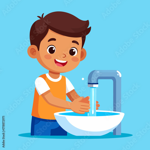 Simple flat vector illustration of a happy little boy practicing good hygiene by washing his hands at a bathroom sink with running water