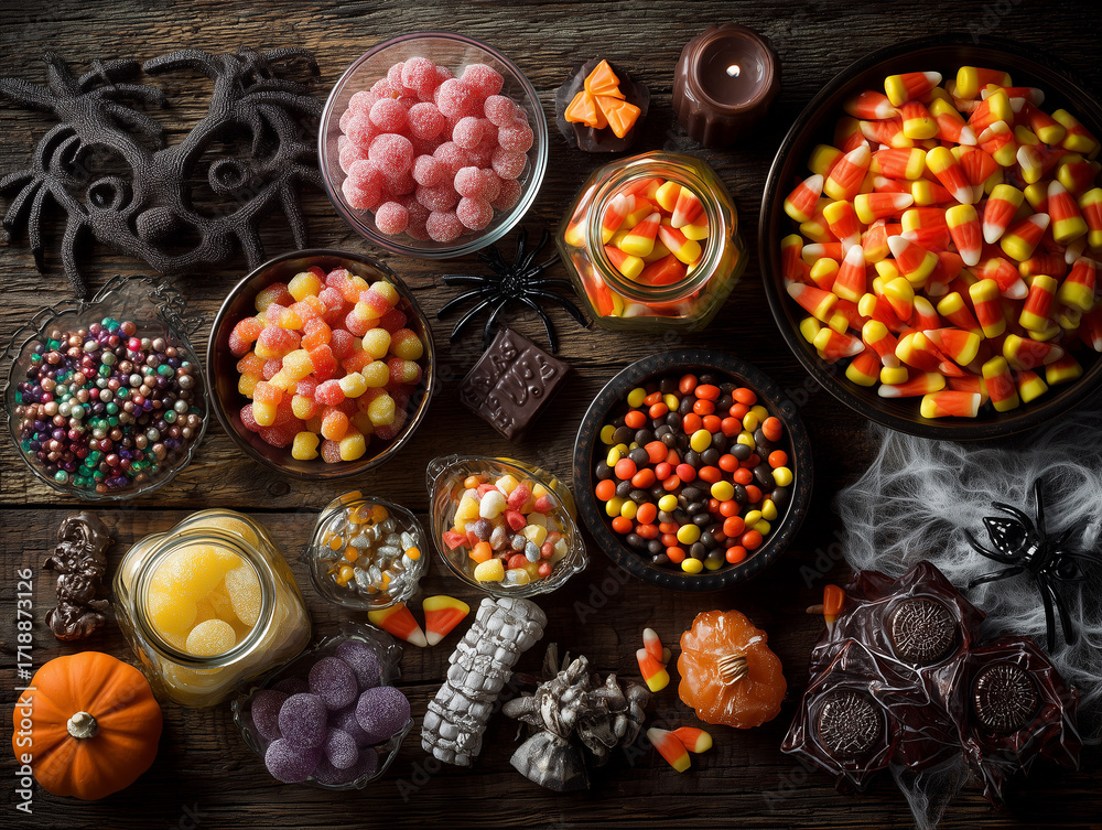 Fototapeta premium Halloween candy assortment with pumpkins, cobwebs, and spooky decorations
