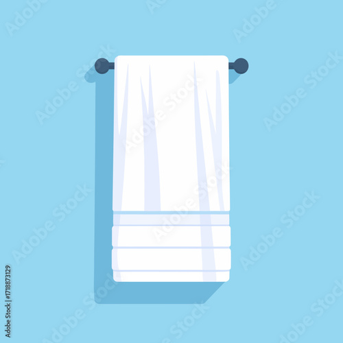 A fresh white bath towel hanging neatly on a bar against a plain blue background. Clean flat vector graphic illustration for hygiene or spa themes