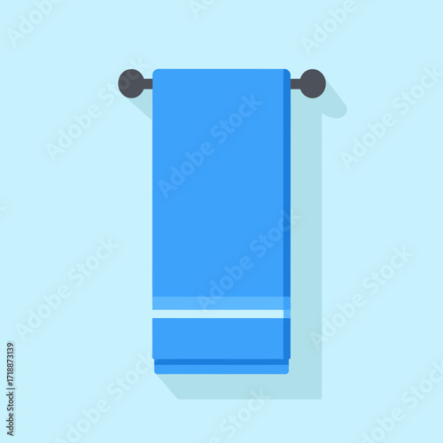Simple flat design vector illustration of a clean blue towel hanging neatly on a holder, isolated on a light blue background