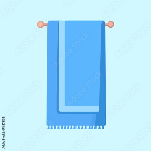 Vector illustration of a clean blue bath towel with fringe hanging on a holder rack. Minimalist flat design element for bathroom, spa, or home hygiene concepts, isolated on a background