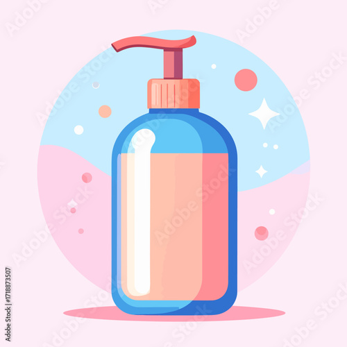A vibrant flat vector icon illustration of a liquid soap pump bottle. This centered composition features bright colors and represents hygiene and skincare products
