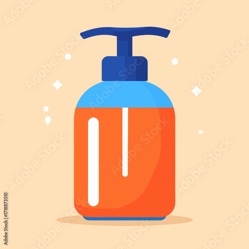 Flat vector icon of a liquid soap pump bottle rendered in bright, vibrant colors. A centered composition illustration for concepts of hygiene and personal care