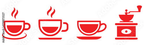 Red Icons of Coffee Cups and Grinder on White Background