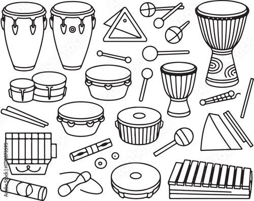 Diverse Percussion Instruments Silhouette Collection on Transparent Background Vector Art