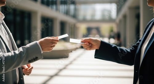 Professional exchange of business cards between colleagues in a modern urban setting