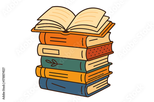 Stack of colorful books with an open book on top isolated on white background, hand-drawn flat vector illustration, reading concept, literature, education, knowledge, library