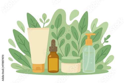 Organic natural cosmetics composition with lotion bottle, essential oil dropper, cream jar, serum pump dispenser, green leaves background, herbal skincare products, flat style vector
