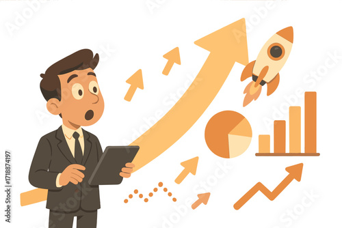 Trend analysis business concept with amazed businessman holding tablet, giant upward arrow, rocket launch, pie chart, bar graphs, data growth, financial success, market trends, digital analytics